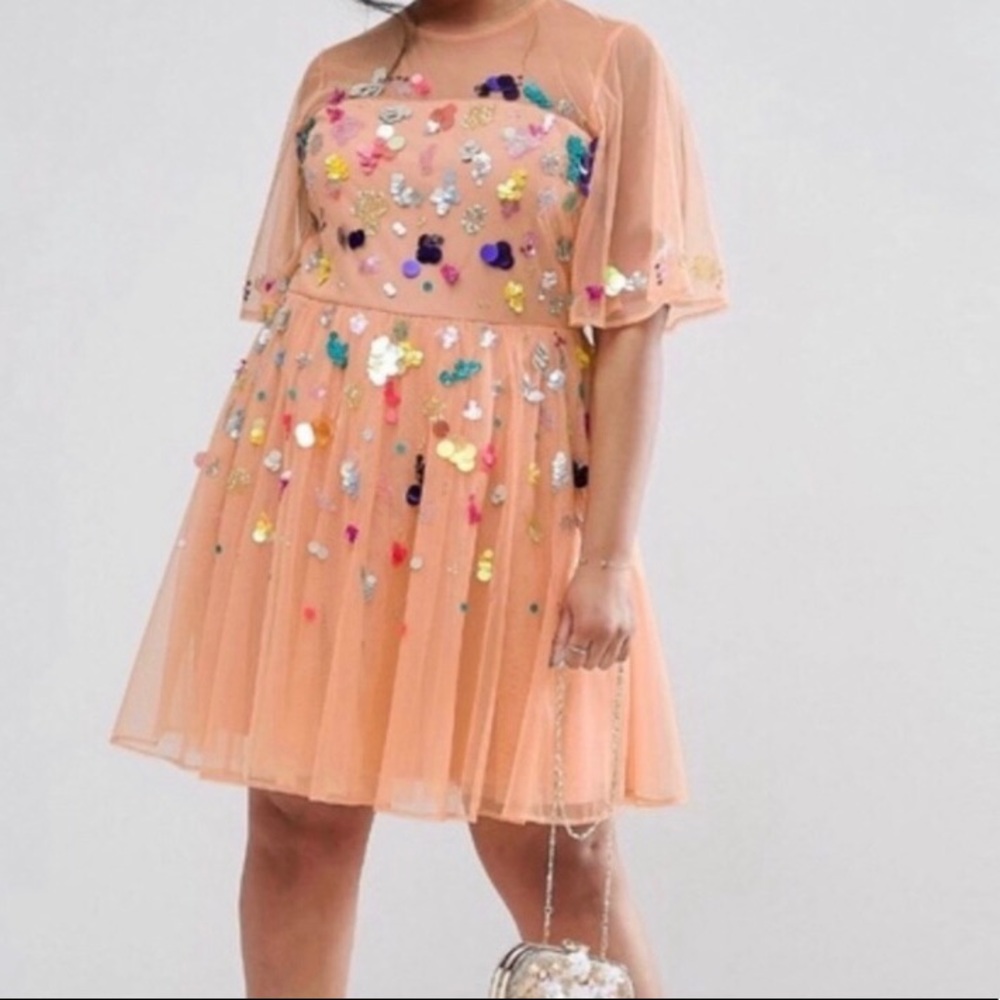 ASOS Curve Strapless Peach Dress with Colorful Sequins
